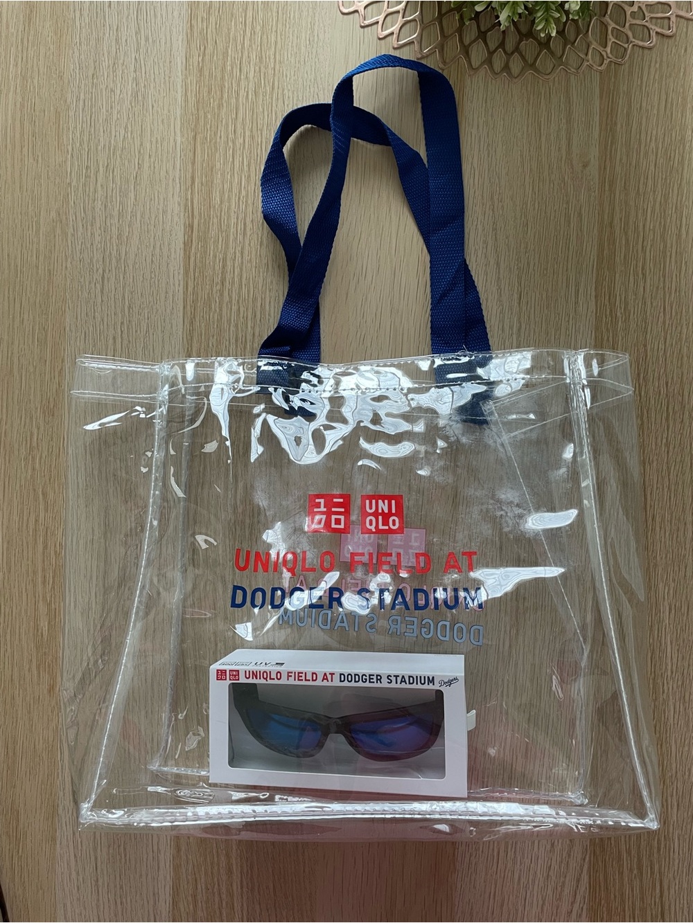 Uniqlo Clear Tote Bag with Navy Handles and Red Logo
